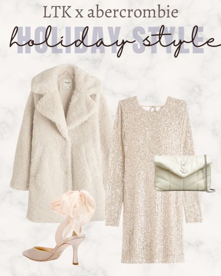 Sequin dress. White coat. Ribbon heels. New years outfit. Bridal dress. Wedding event dress for the bride. Holiday party outfit. 

#LTKxAF #LTKHoliday #LTKwedding
