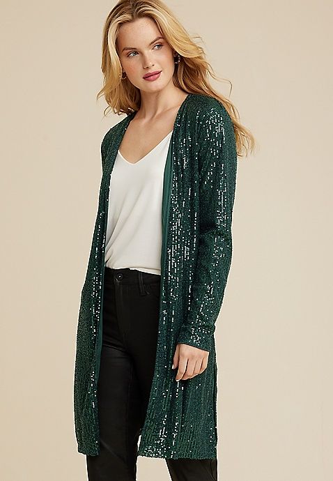 Green Sequin Duster Cardigan | Maurices