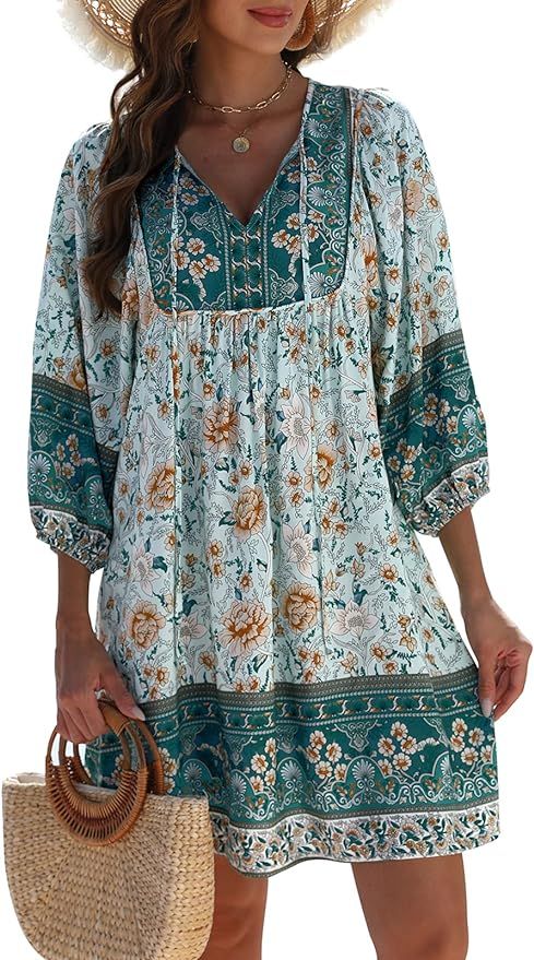 Qearal Womens Casual V Neck 3/4 Sleeve Boho Floral Printed Loose Short Mini Summer Beach Dress | Amazon (US)