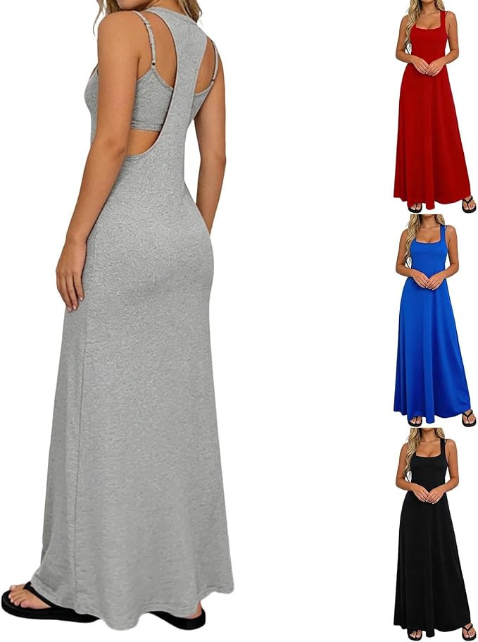 2 Piece Set Womens Sexy Maxi Dress with Built-in Bra Racerback Camisole A Line Sleeveless Square ... | Amazon (US)