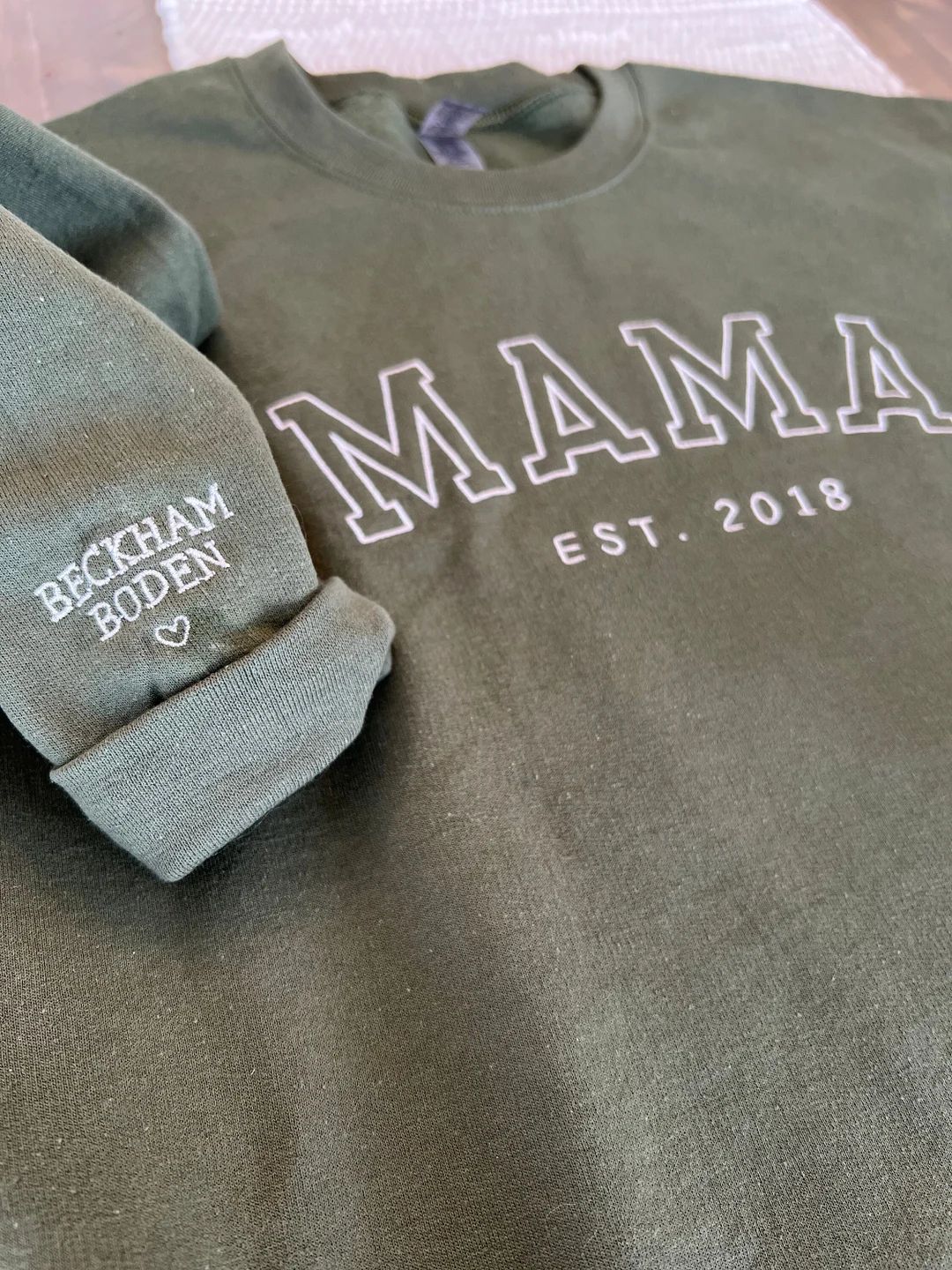 Custom Embroidered Sweatshirt for Mom, Personalized Sleeve Embroidered Sweatshirt, Mama EST Crewn... | Etsy (US)