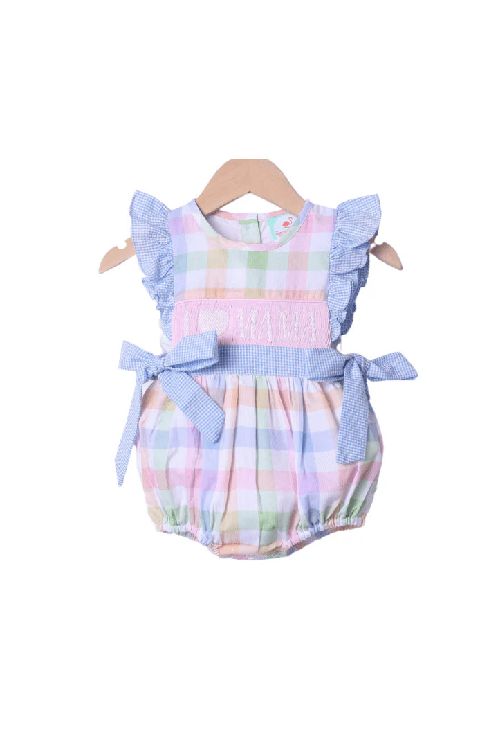 Smocked I Love Mama Pastel Plaid Bow Bubble | The Smocked Flamingo