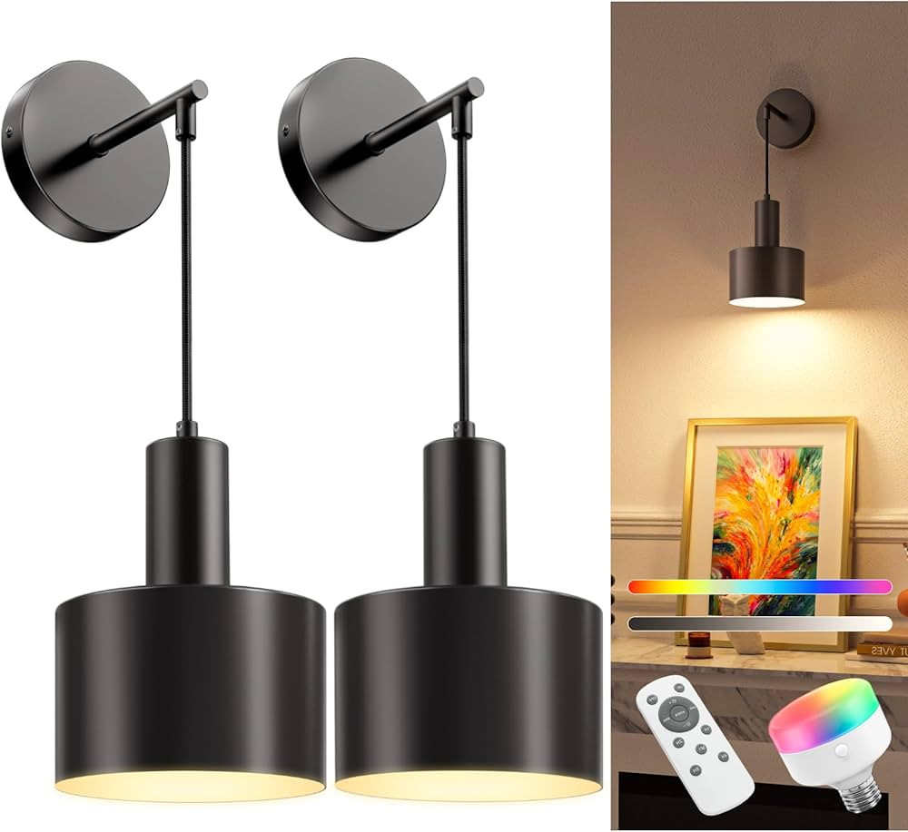 NIORSUN Battery Operated Wall Sconce Set of 2, Black Wireless Rechargeable Wall Lights with 5200m... | Amazon (US)