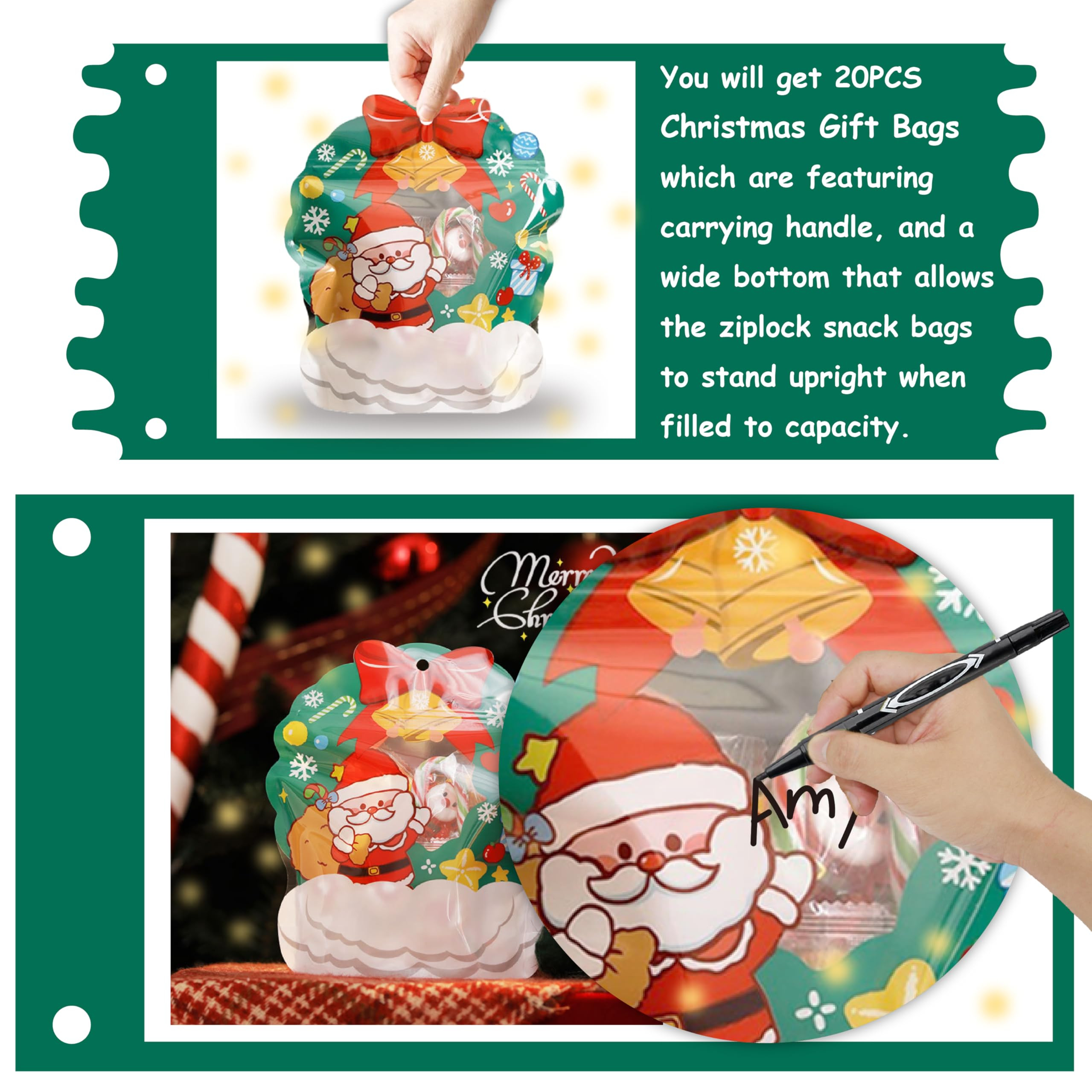 AOKELEON 20 Pcs Wreath Shaped Christmas Gift Bags, Resealable Ziplock Candy Bags with Handle & St... | Amazon (US)