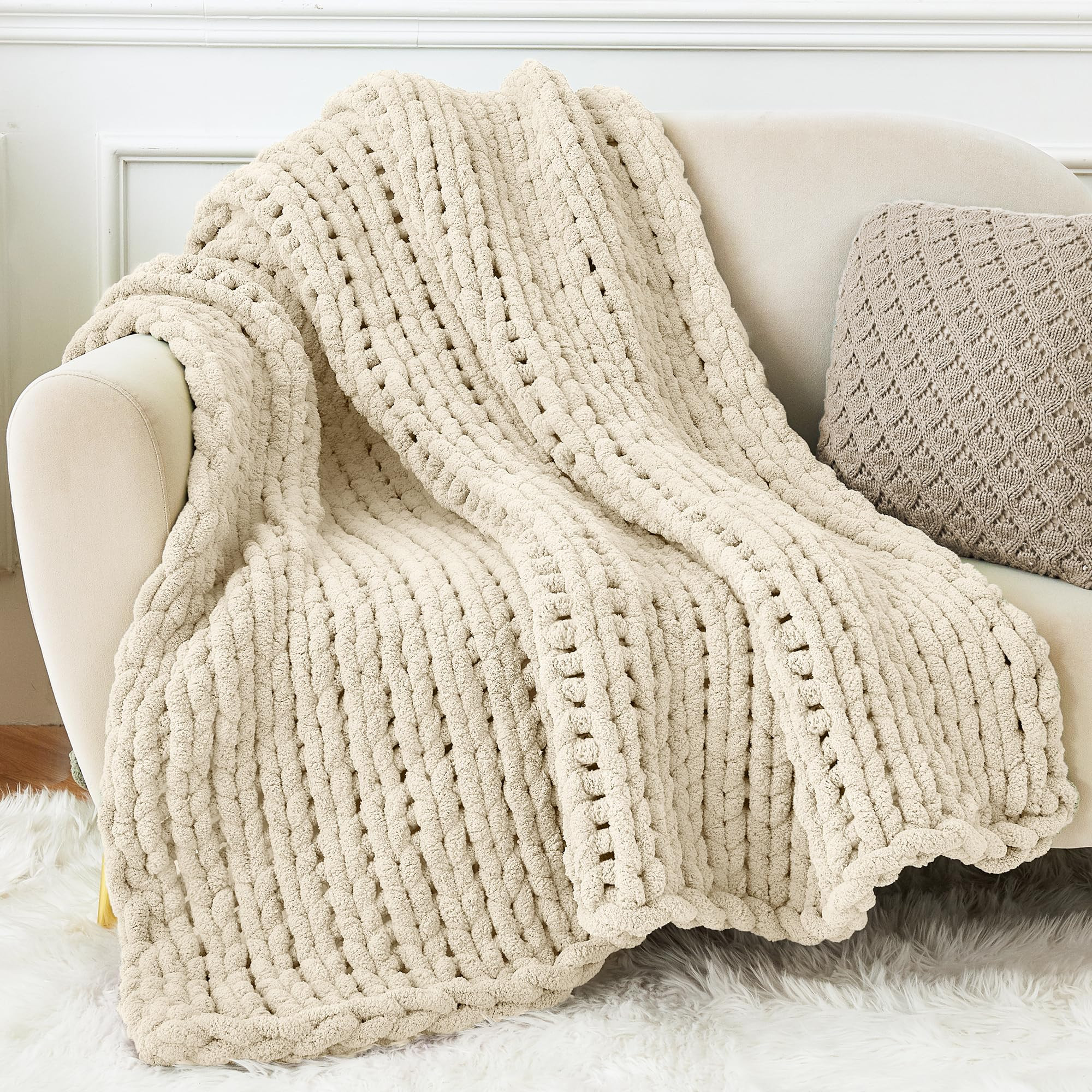 Admitrack Chunky Knit Blanket Throw 51"x63", 100% Hand Knit Chenille Throw Blanket for Sofa & Hom... | Amazon (US)