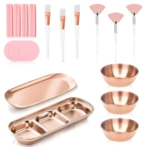 23 Pcs Rose Gold Esthetician Supplies 3 Stainless Steel Facial Mask Mixing Bowls 3 Facial Fan Brushes 3 Flat Brushs Skincare Tray 3-Compartment Serving Tray 12 Compressed Facial Sponges for Skin Care | Amazon (US)