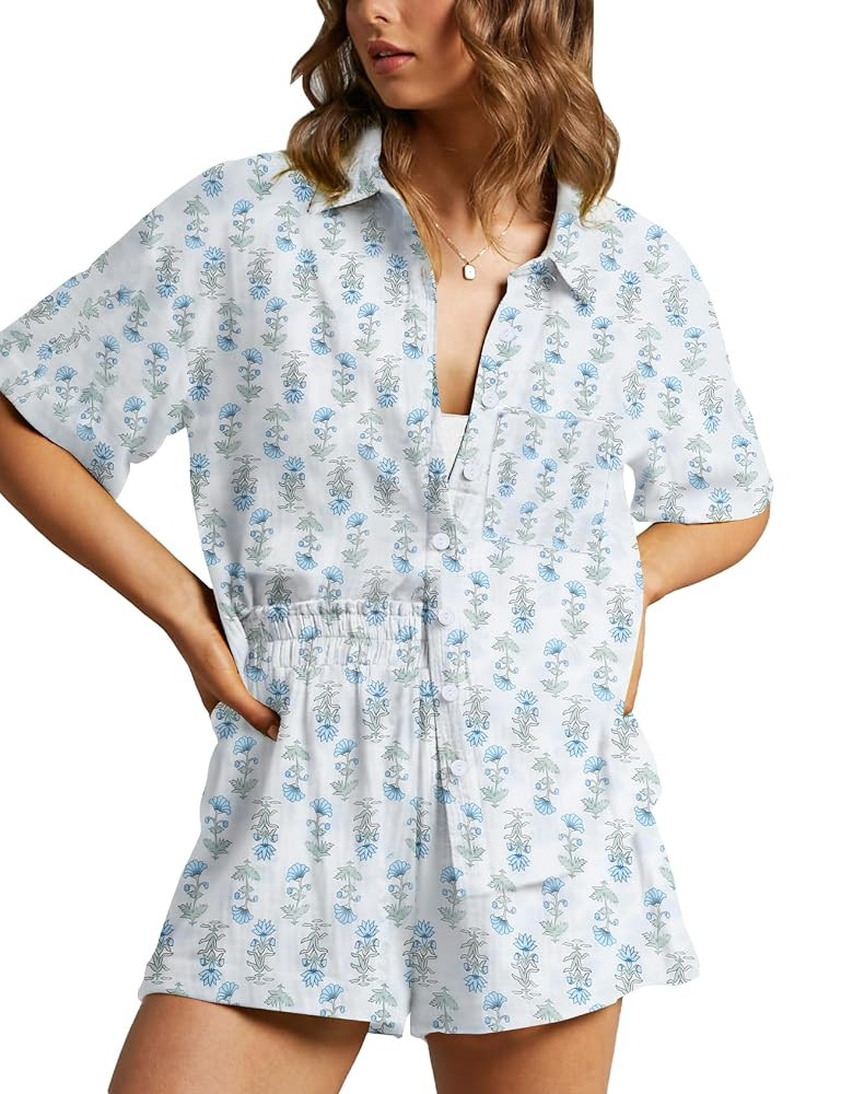 Flygo Womens Floral Pajamas Set Casual 2 Piece Outfits Button Down Shirt Shorts Linen Pj Lounge S... | Amazon (US)