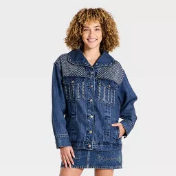 Women's Relaxed Embroidered Denim Jacket - Universal Thread\u2122 Medium Wash XS | Target