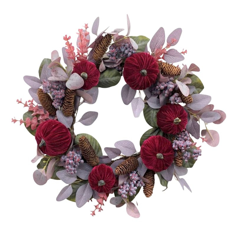 Velvet Pumpkin & Purple Leaves Wreath, 22" | At Home