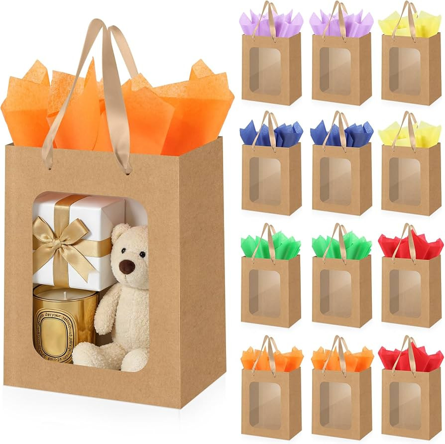 Ethhqu 12-Pack Brown Kraft Gift Bags with Clear Window and Handles, Includes 24 Tissue Paper, 9.8... | Amazon (US)