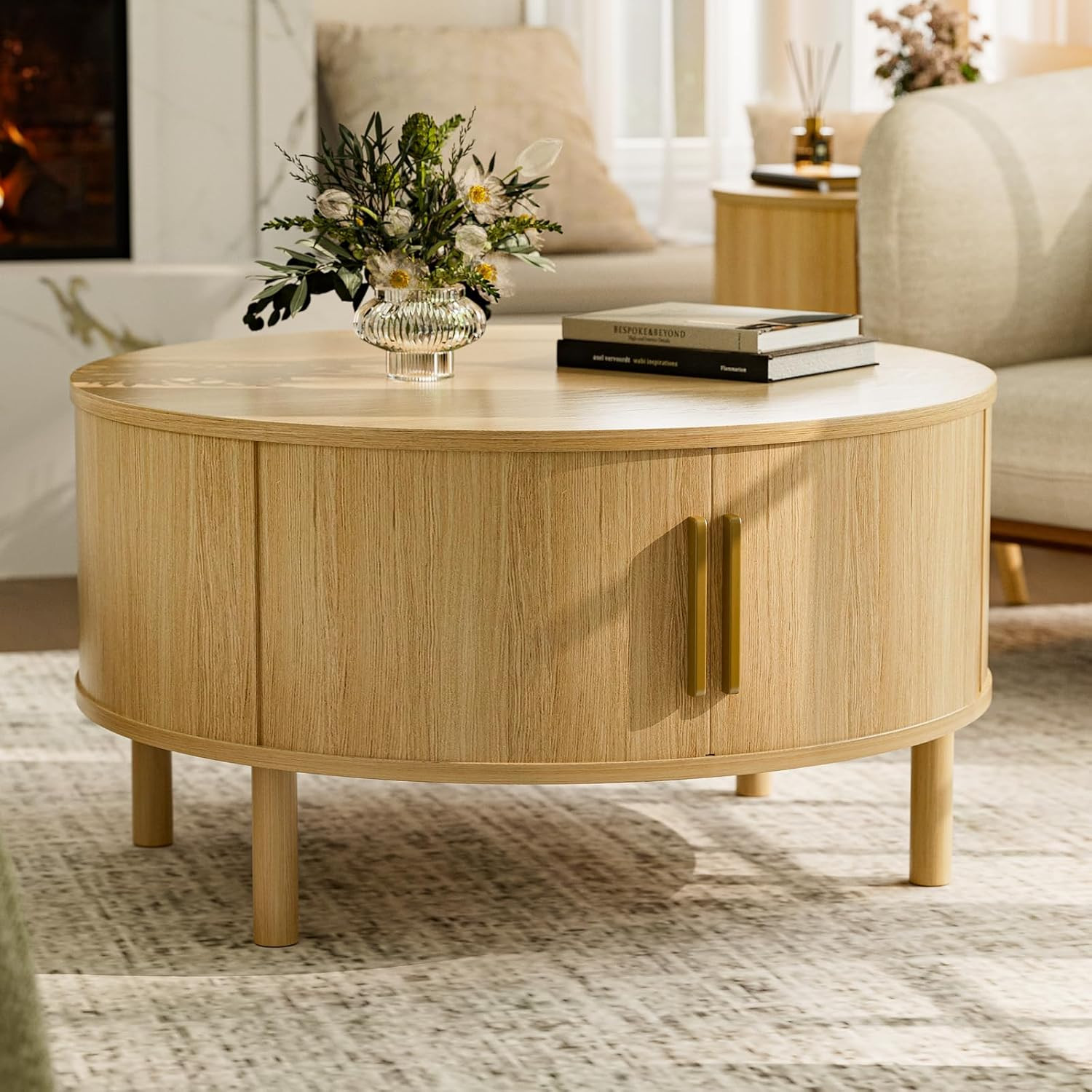 Round Coffee Table with Sliding Doors, Modern, Natural | Amazon (US)