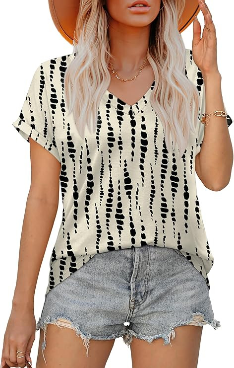 XIEERDUO Womens Summer Tops Short Sleeve Shirts Casual V Neck T Shirt Loose Fit Comfy | Amazon (US)