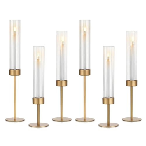 Glasseam Tapered Gold Candlestick Holders: 6 Pcs Tall Brass Taper Candle Holder with Ribbed Glass Cylinder - Hurricane Fluted Candle Holders for Table Centerpiece Wedding Party Christmas Decorations | Amazon (US)