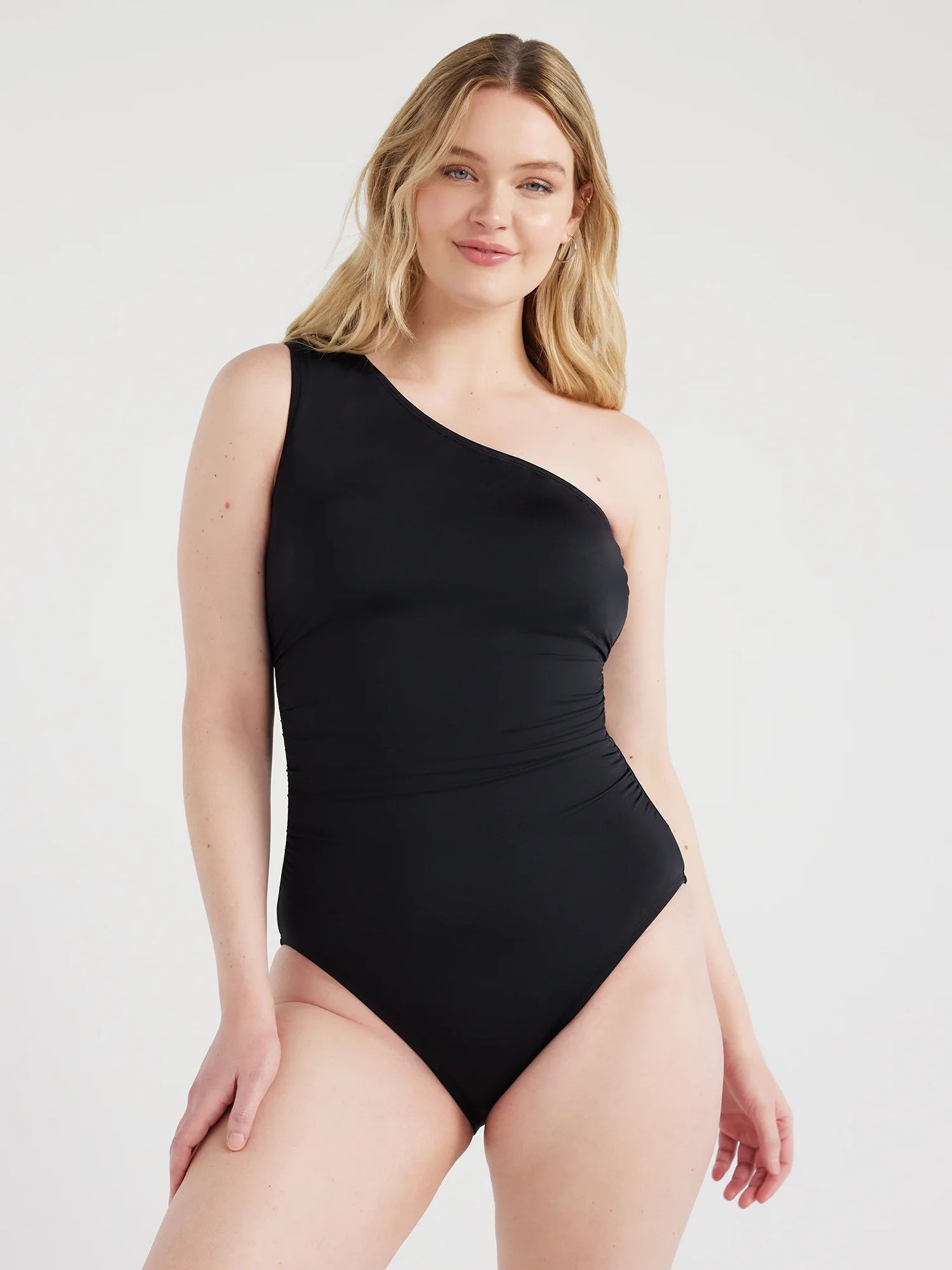 Time and Tru Women's and Women's Plus Shirred One Shoulder One Piece Swimsuit, Sizes XS-3X | Walmart (US)