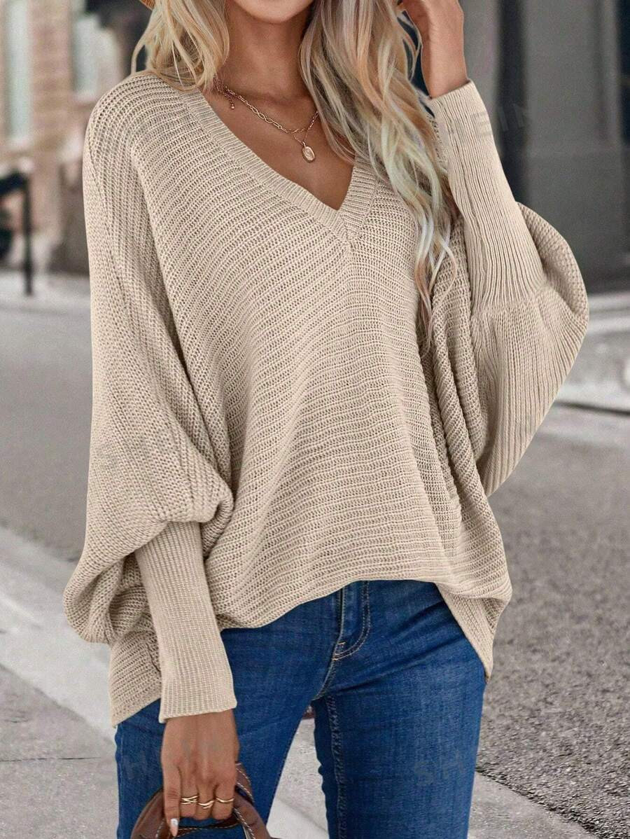 SHEIN LUNE Casual Plain Minimalist V-Neck Batwing Sleeve Sweater, Suitable For Autumn/Winter | SHEIN