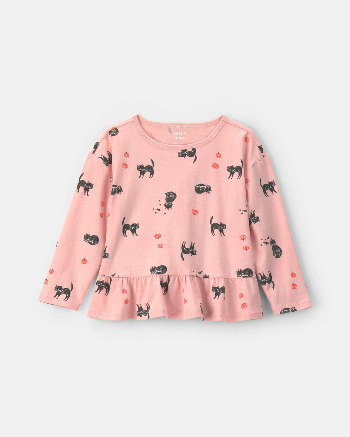 Toddler Girl Halloween Cat Long-Sleeve Peplum Top - Pink | Carter's Inc
