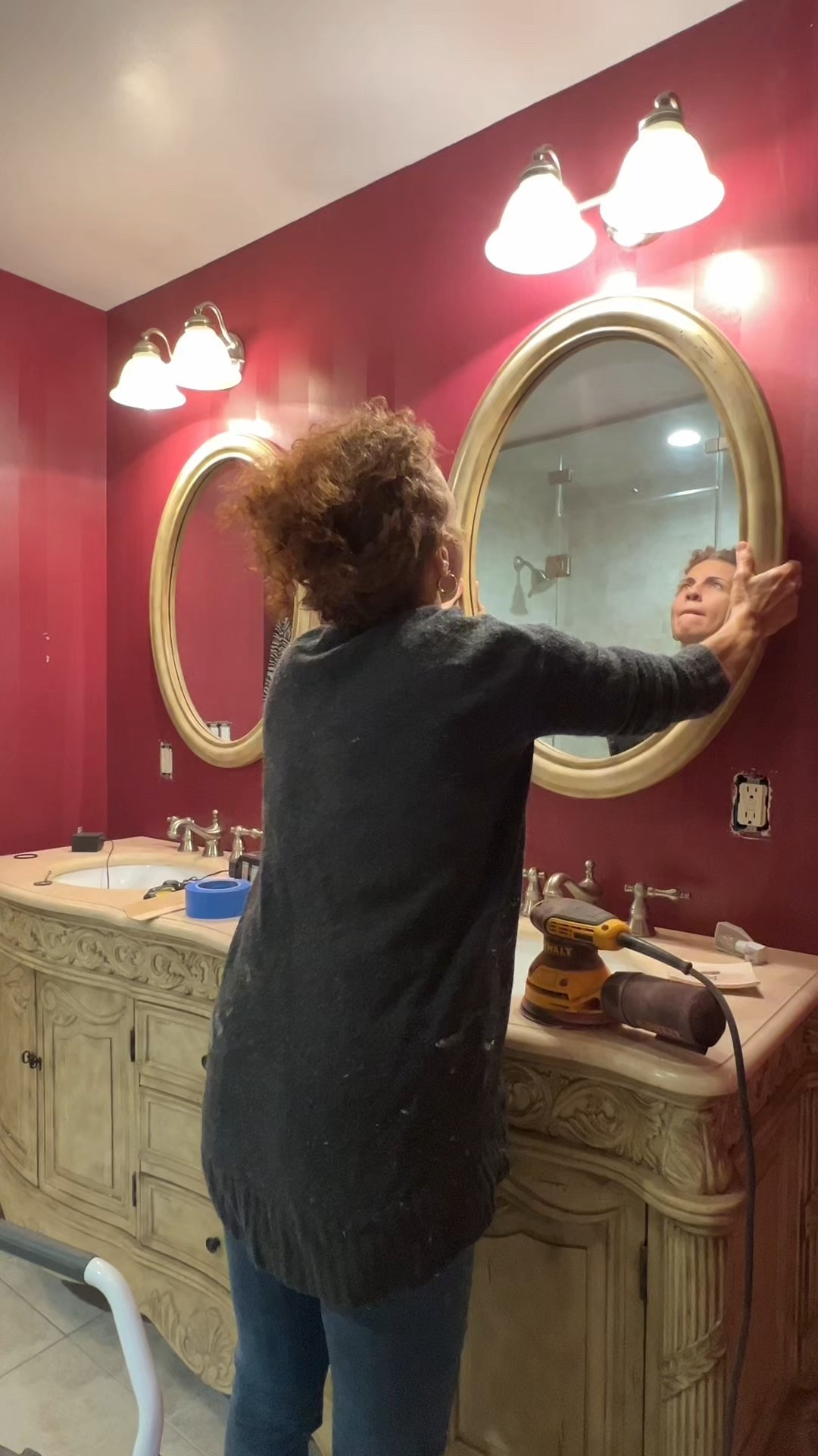 Bathroom remodel part 11 I am so grateful I only have burgundy walls to paint over and not an entire color drenched bathroom because that would have been even more work. The Burgundy walls had polyurethane striped so they got sanded, vacuumed, wiped, primed, patched which I should have done first but went out of order. Then they had to get sanded, wiped, and primed again. Once the second coat was done and ready for Benjamin Moore simply white my husband decided to help by taking off the vent cover and almost fell off the ladder so I guess it’s for the best.

#LTKHome #LTKStyleTip #LTKOver40