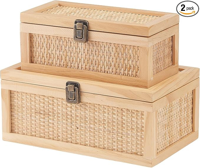 Rattan Decorative Boxes with Lids, Boho Decorative Box Set of 2, Rustic Farmhouse Keepsake Box, M... | Amazon (US)