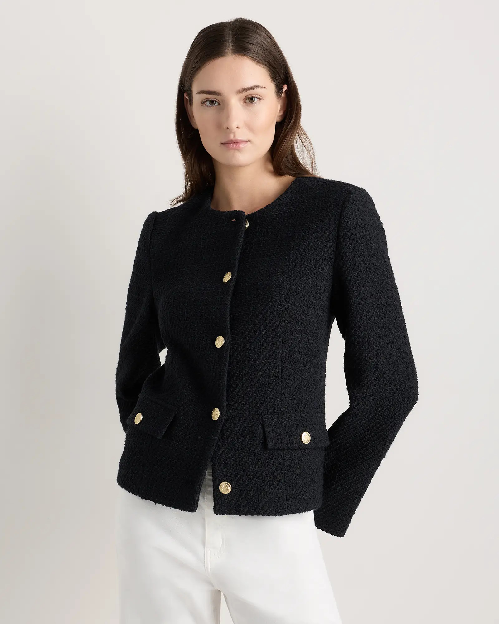 Tweed Collarless Jacket in True Black | Quince