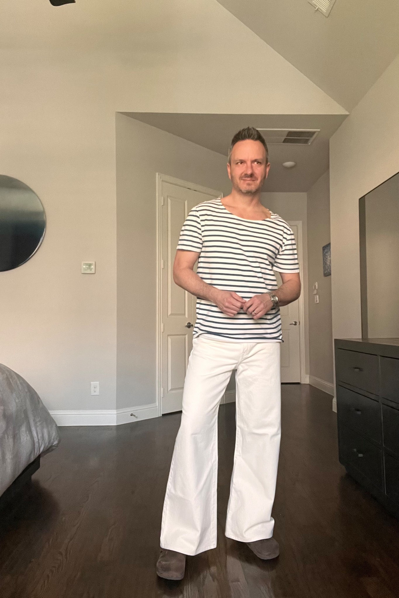 A simple blue and white striped shirt with some flared jeans is a great outfit for spring 

#LTKootd #LTKSeasonal #LTKMens