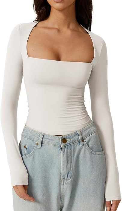 QINSEN Women's Sexy Square Neck Shirt Long Sleeve Double Lined Tees Fitted Going Out Tops | Amazon (US)