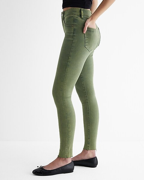 Mid Rise Green Raw Hem Skinny Jeans | Express