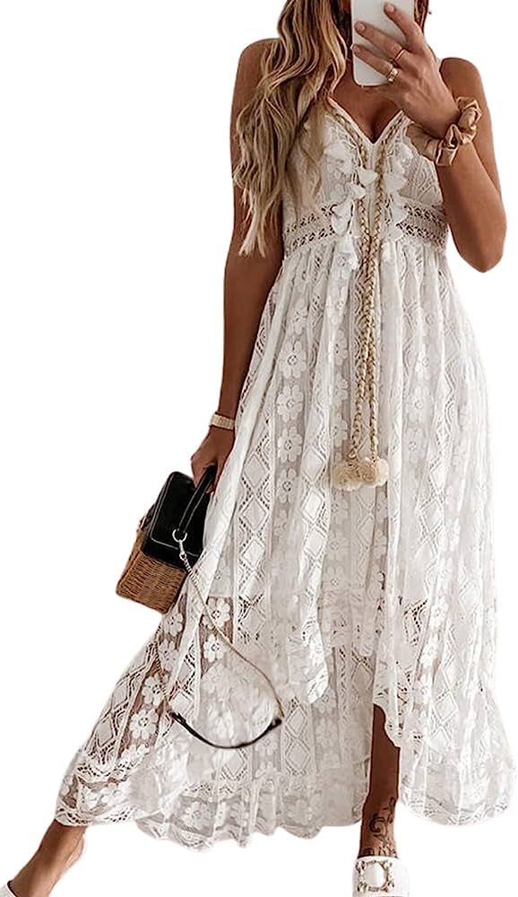 CUPSHE Women's Lace Dresses Boho Tassel V-Neck Flare Ruffle Adjustable Straps Beach Summer Maxi D... | Amazon (US)