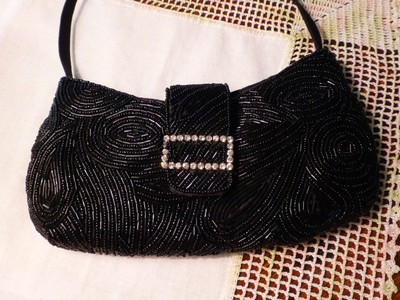 Elegant Black Beaded, Petite, Top Handle Evening Bag w/Sparkling Rhinestone Trim | eBay AU