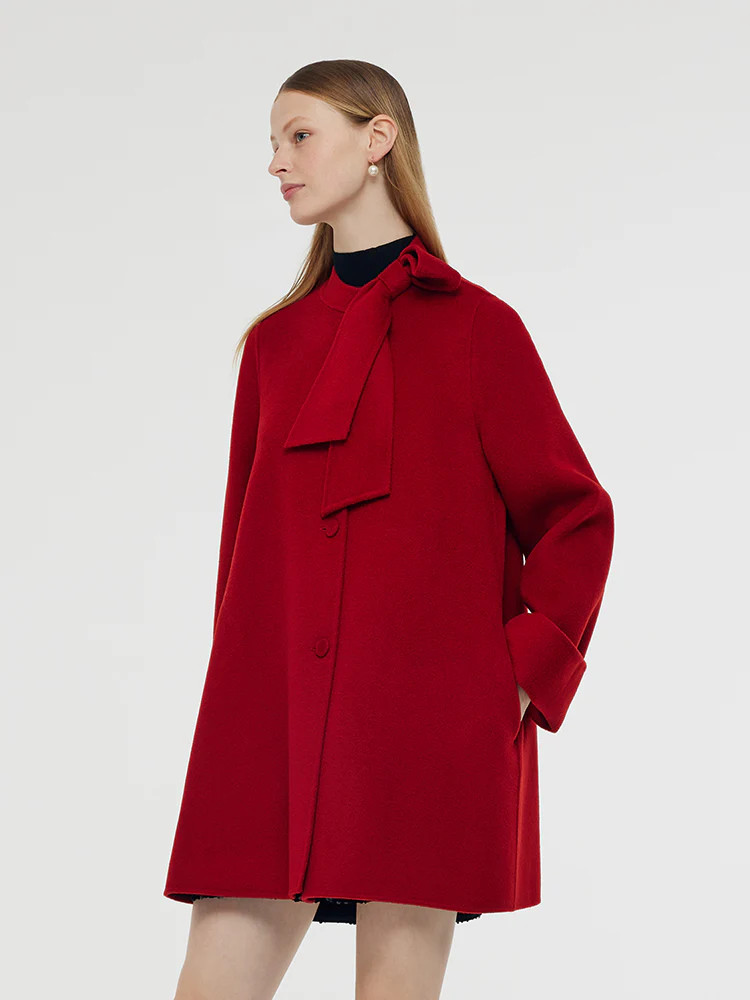 Tencel Wool Women Coat With Detachable Bowknot | GOELIA