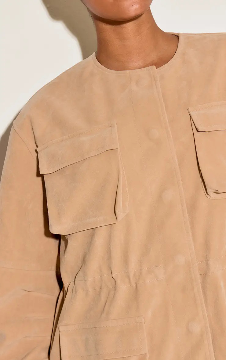 Sand Structured Faux Suede Pocket Detail Adjustable Waist Jacket | PrettyLittleThing US