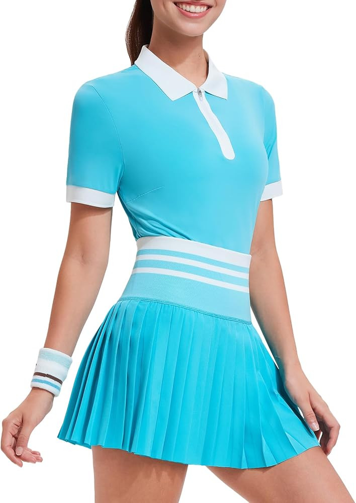 Tennis Skirt Sets for Women Zipper Color Block High Waisted Golf Polo Two Piece Skirt Set Women 2... | Amazon (US)