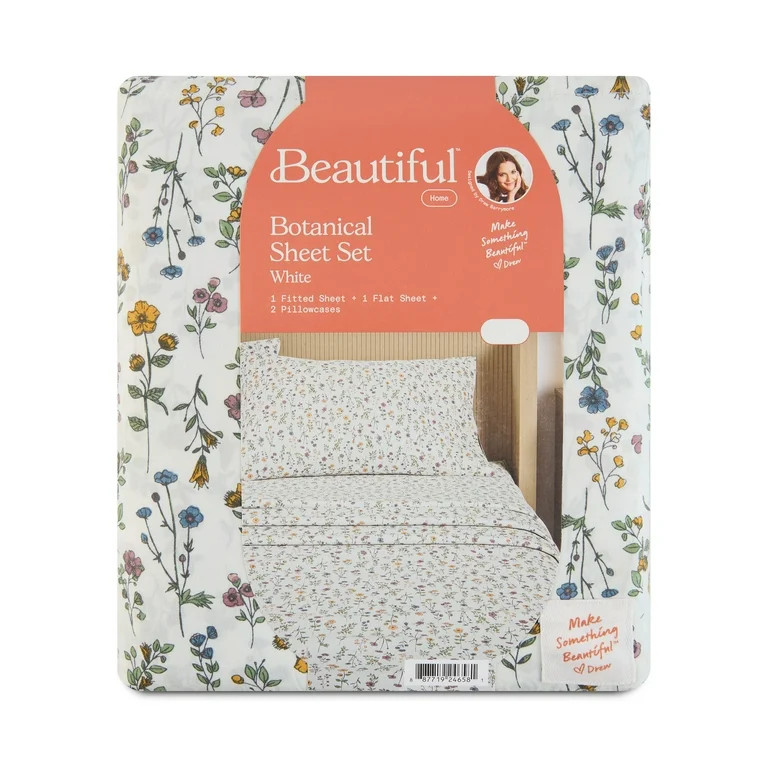 Beautiful Botanical 4-Piece 100% Cotton Washed Percale White Sheet Set, King by Drew Barrymore | Walmart (US)