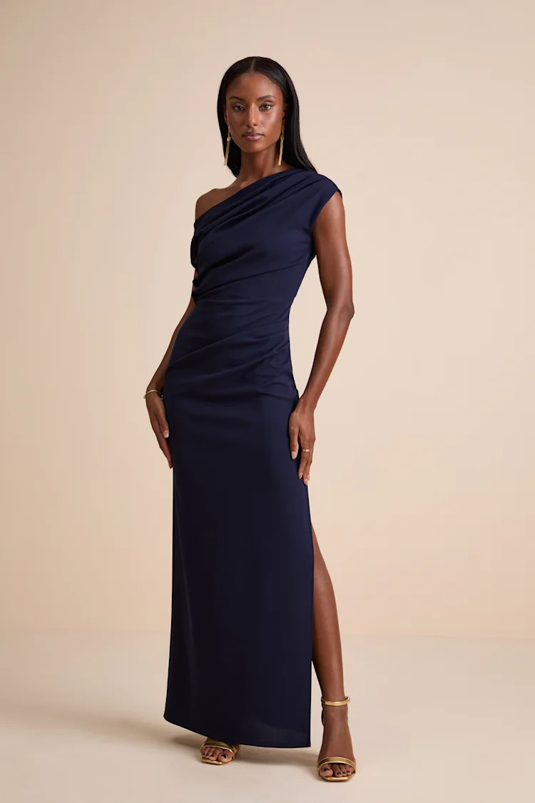 Janine Navy Asymmetrical Maxi Dress | Lulus