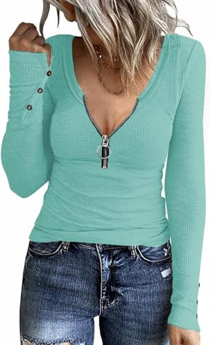 Ryaiwi Zip Up Long Sleeve Shirt Women, Ribbed Long Sleeve Tops for Women Slim Fit Stretch Sexy Henley Basic Tshirts Blouses Lake Blue | Amazon (US)