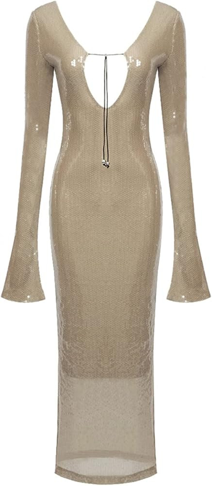 meilun Deep V Dress with Drawstring Long Sleeve Sequin Dress for Women Long Gown | Amazon (US)