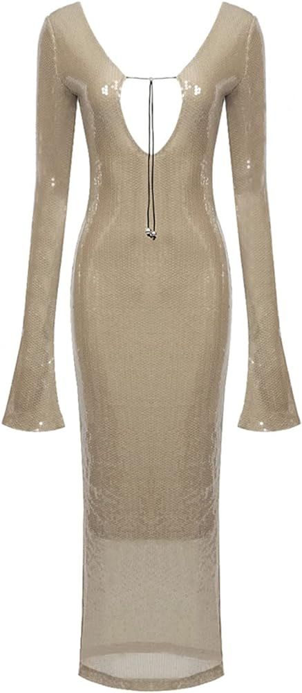 meilun Deep V Dress with Drawstring Long Sleeve Sequin Dress for Women Long Gown | Amazon (US)