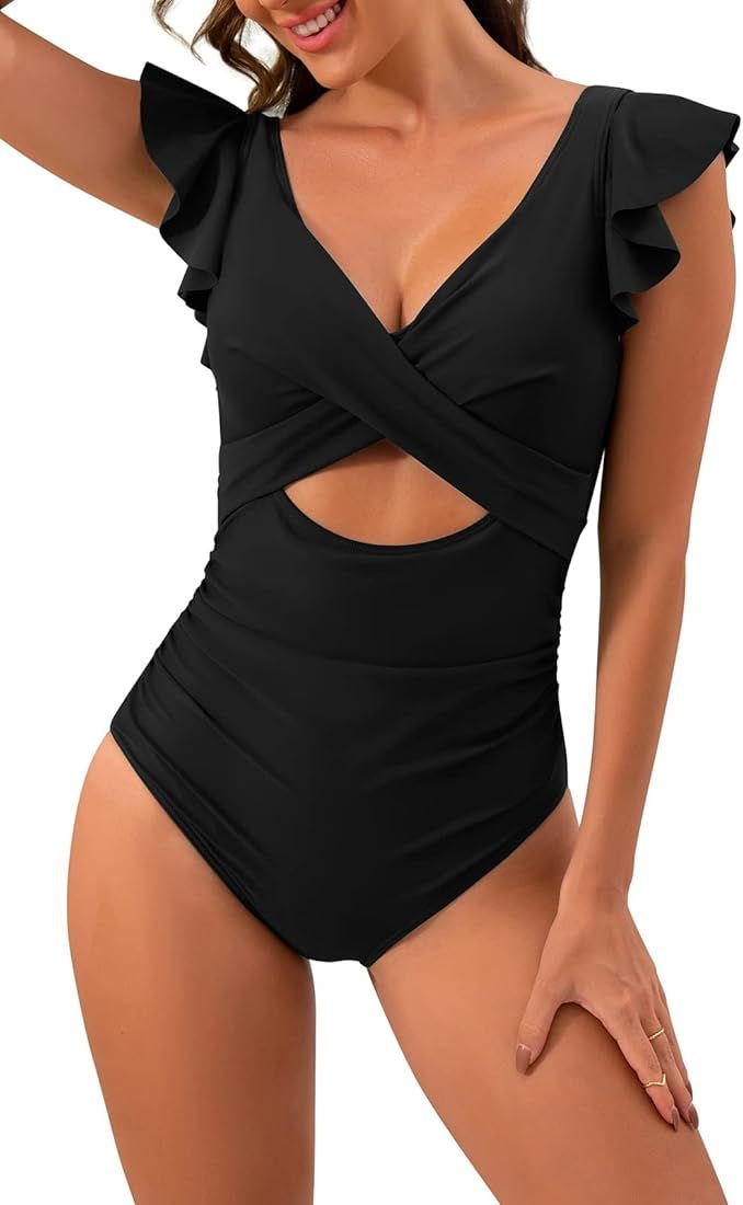 B2prity Women's One Piece Swimsuit Ruffle Cutout Bathing Suits Slimming Tummy Control V Neck Wrap... | Amazon (US)