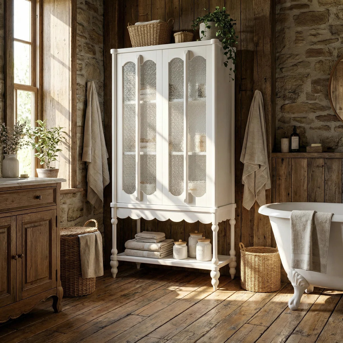Bathroom Linen Cabinet With Begonia-Style Tempered Glass Doors And Rubber Solid Wood Legs | Wayfair North America