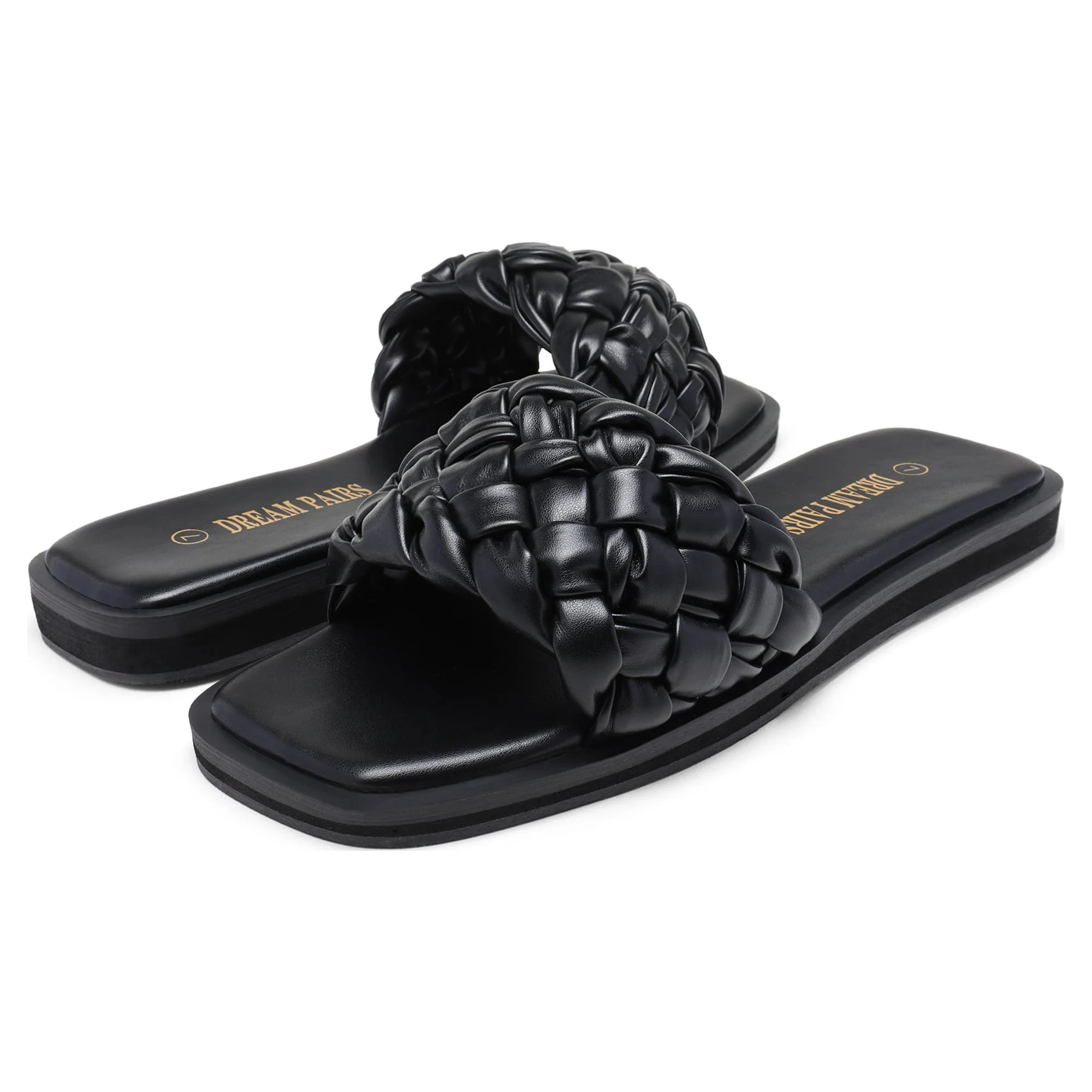 DREAM PAIRS Women's Square Open Toe Slide Sandals Cute Slip on Braided Strap Rhinestone Flat Sand... | Walmart (US)