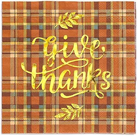 AnyDesign 80Pcs Thanksgiving Napkin Fall Gold Foil Give Thanks Quote Leaf Design Disposable Napkin B | Amazon (US)