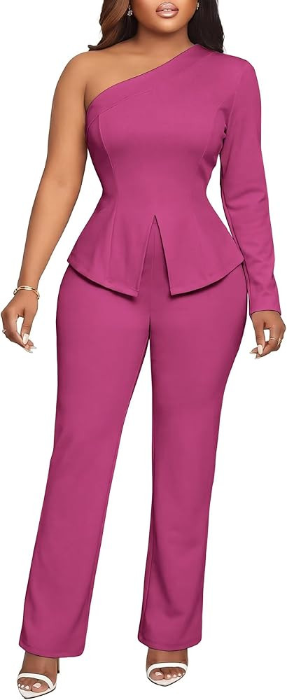 Aro Lora Womens Sexy 2 Piece Outfits One Shoulder Long Sleeve Slit Top and Pant Set Dressy Pantsu... | Amazon (US)