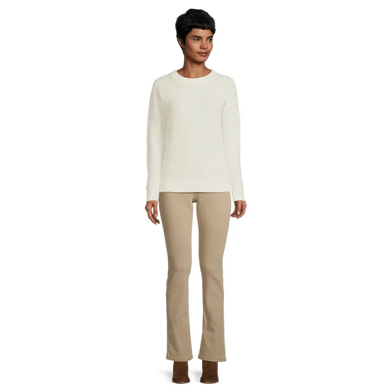 Time and Tru Women's Long Sleeve Waffle Crewneck Pullover Sweater - Walmart.com | Walmart (US)