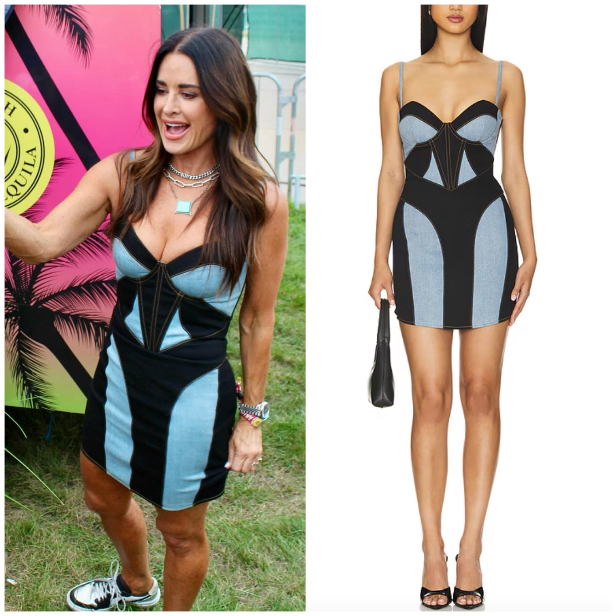 Kyle Richards’ Denim and Black Colorblock Dress 📸 = @kylerichards18