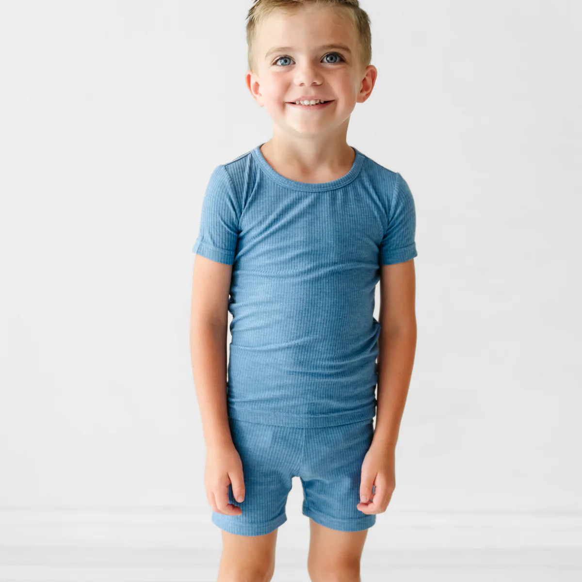 Heather Blue Ribbed Two-Piece Short Sleeve & Shorts Pajama Set | Little Sleepies