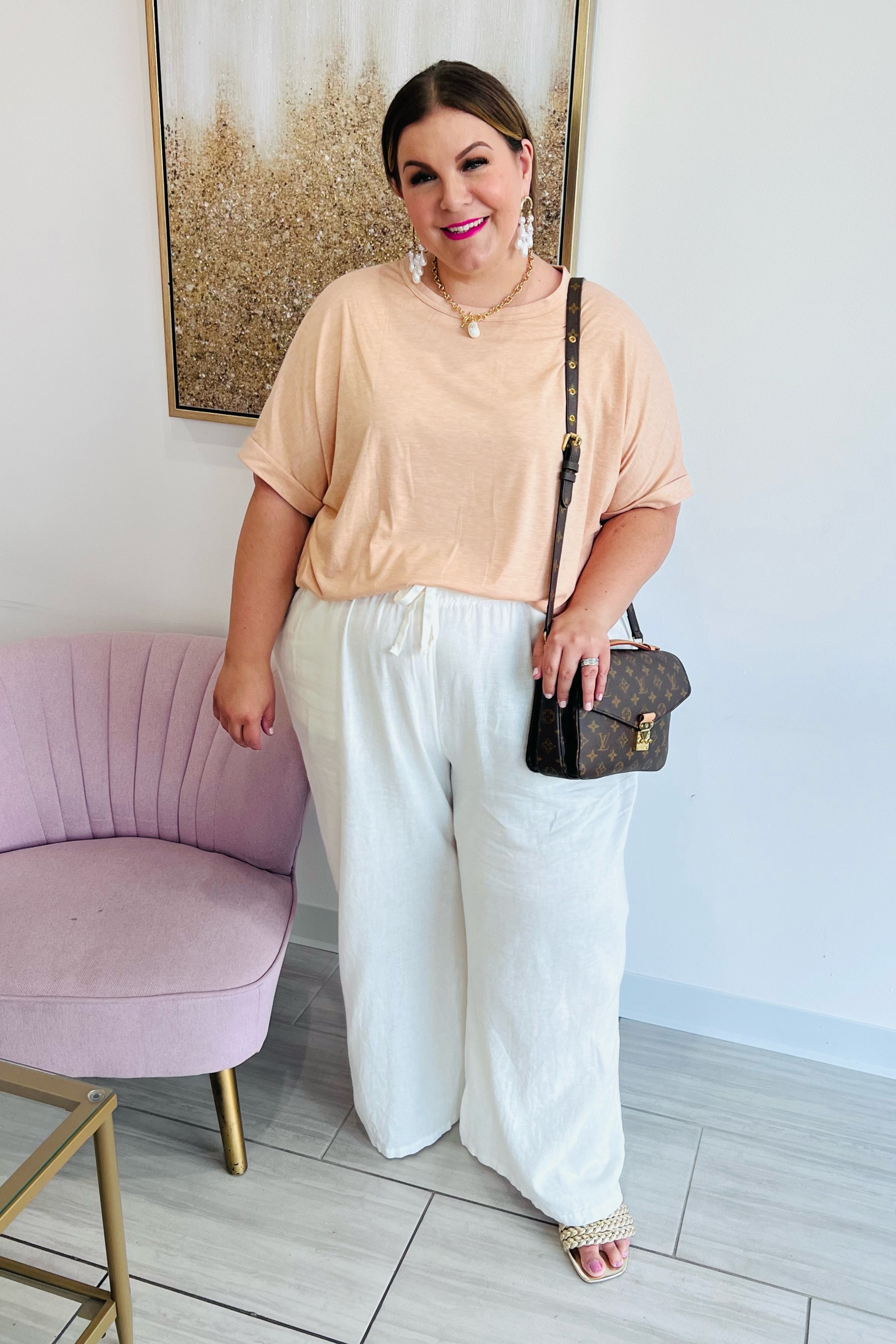 Plus size outfit idea! Wore this to an event last night and it was so comfy. These Amazon oversized t-shirts are SO GOOD with my trusty white linen pants. 🙌🏻 Wearing a 2X in the pants and a XXL in the tee - which comes in 22 colors! 

#LTKSeasonal #LTKunder50 #LTKcurves