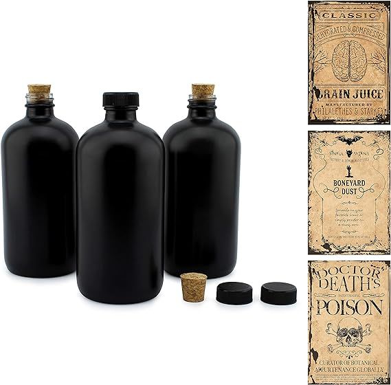 Cornucopia Brands Black 16-Ounce Glass Apothecary Bottles (3-Pack); Boston Round Bottles with Des... | Amazon (US)