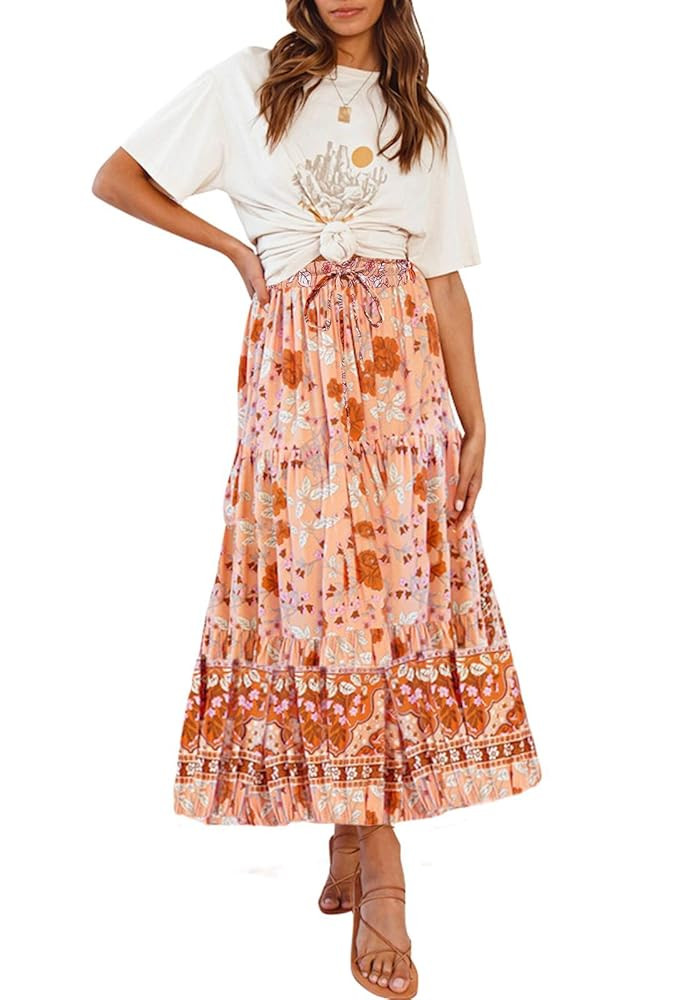 ZESICA Women's 2025 Summer Bohemian Floral Printed Elastic Waist A Line Maxi Skirt with Pockets | Amazon (US)