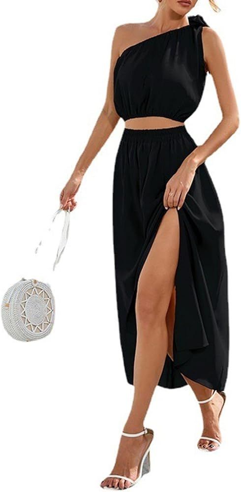 Women 2 Piece Maxi Skirt Sets One Shoulder Crop Top High Waisted Long Skirt with Slit | Amazon (US)