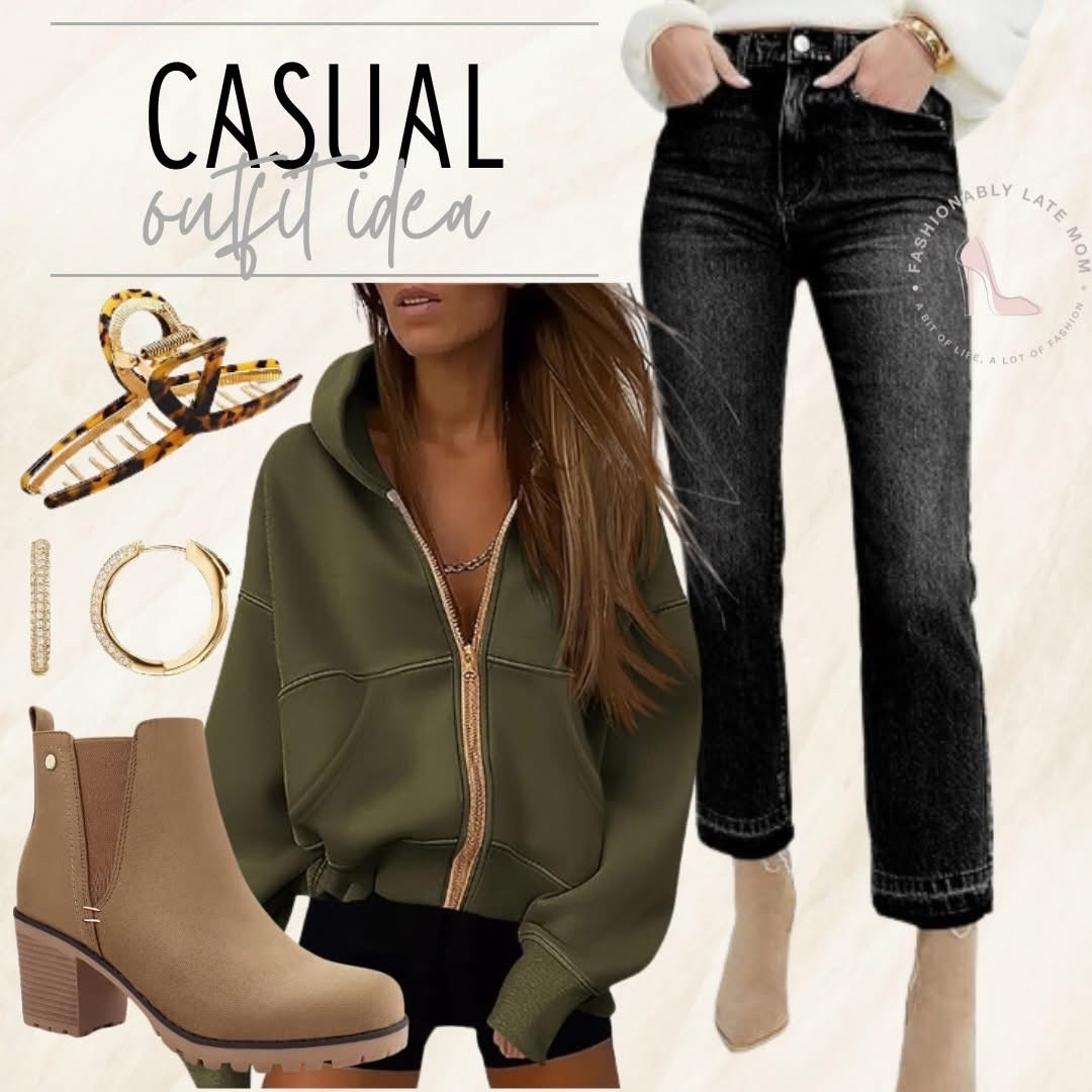Casual outfit ideas. 

Fashionablylatemom. 
Trending outfits. 
Fall outfits. 
Womens hoodie. 
Zip up hoodie. 
Gold zipper
Womens sweatshirt. 
Womens denim. 
Black jeans. 
High waisted jeans. 
Straight legged pants. 
Short ankle jeans. 
Casual stretch pants. 
Black denim pants. 
Womens shoes. 
Brown boots. 
Womens booties. 
Ankle booties. 
Block heel shoes. 
Slip on boots. 
Gold earrings. 
Gold hoops. 
Gold jewelry. 
Womens hair clip. 
Metal claw clip. 
Gold detailing. 
Strong hair clip. 
Womens clothing  

#LTKShoeCrush #LTKSeasonal #LTKStyleTip