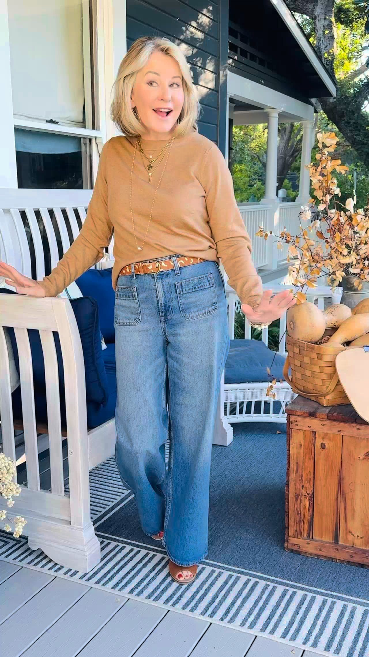 Who says you can’t look stylish for under $100? These wide-leg jeans, a cozy chestnut sweater, and a chunky gold cross necklace make the perfect effortless fall outfit. Classic, comfortable, and affordable — my kind of look! 🍂 

 #LTKOver40 #LTKFindsUnder50 #LTKFindsUnder100